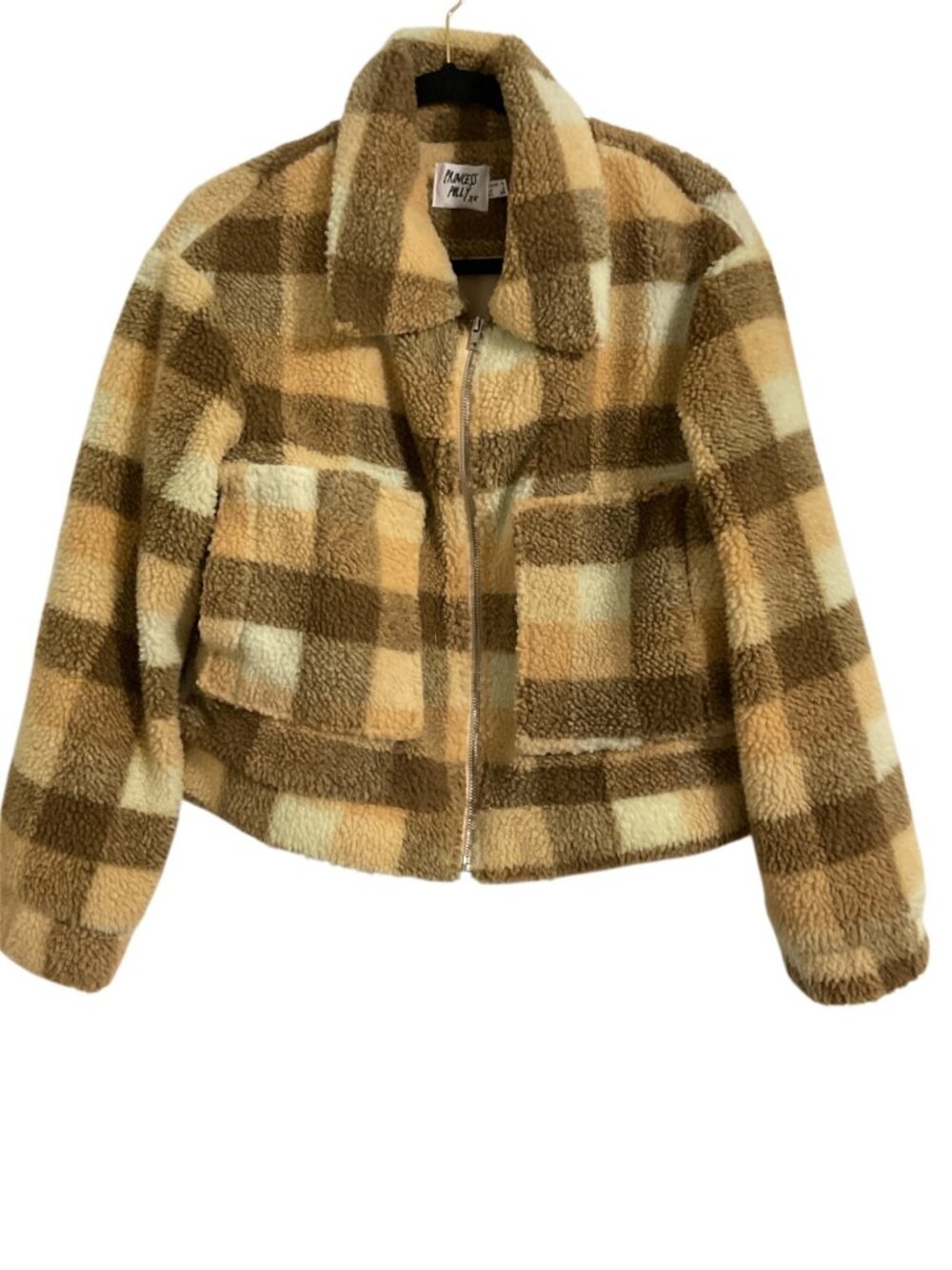 Princess Polly Sherpa Plaid Jacket Beige Tan Size 6
